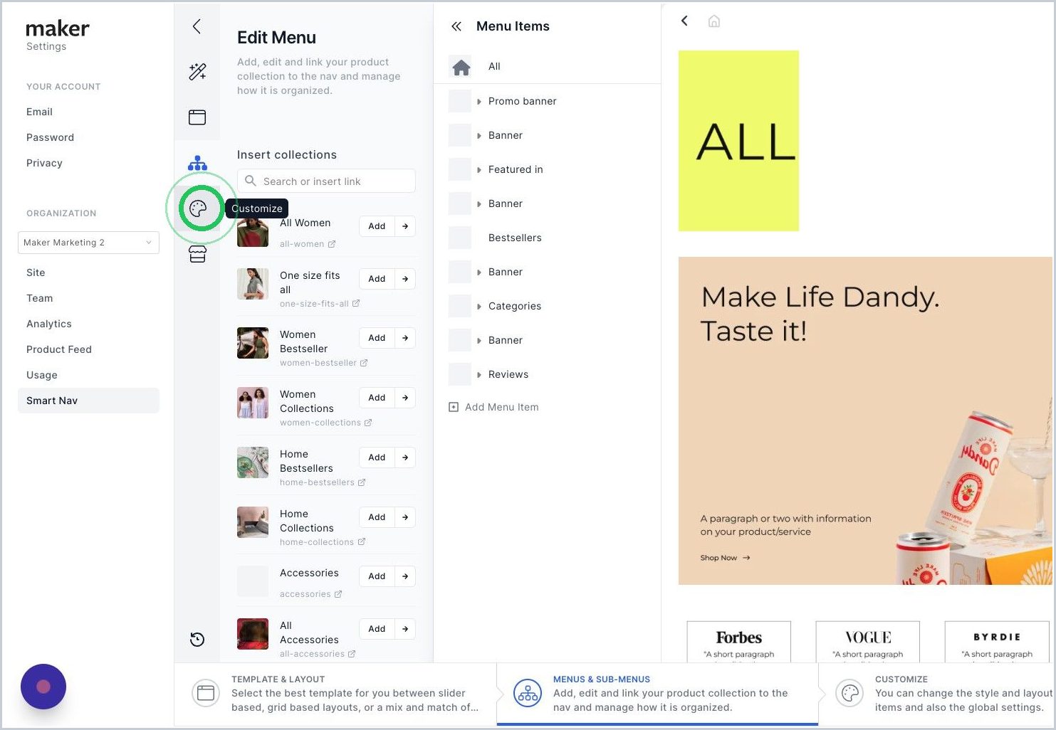 New How do I change the shape & size of the cards for my Menu & Sub-Menu's? — step 1