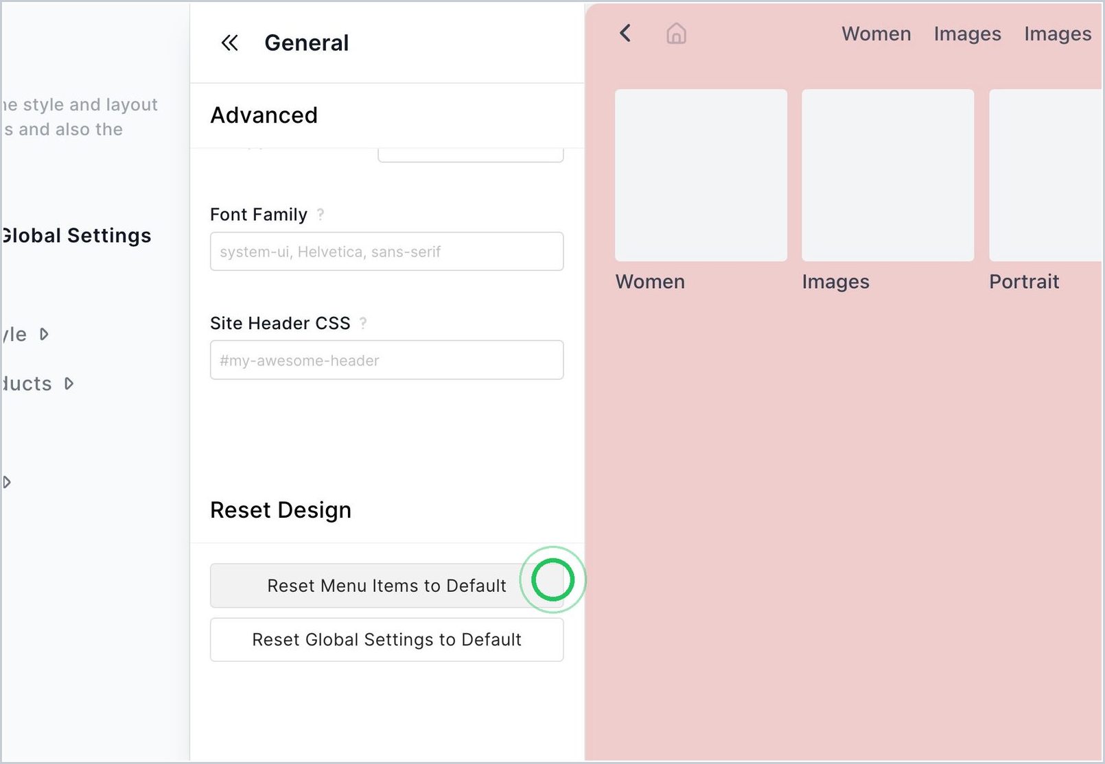 How can I reset my Global settings to default? — step 1