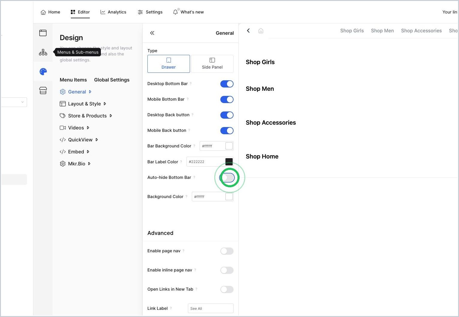How do I auto-hide the mobile bottom bar for users? — step 3