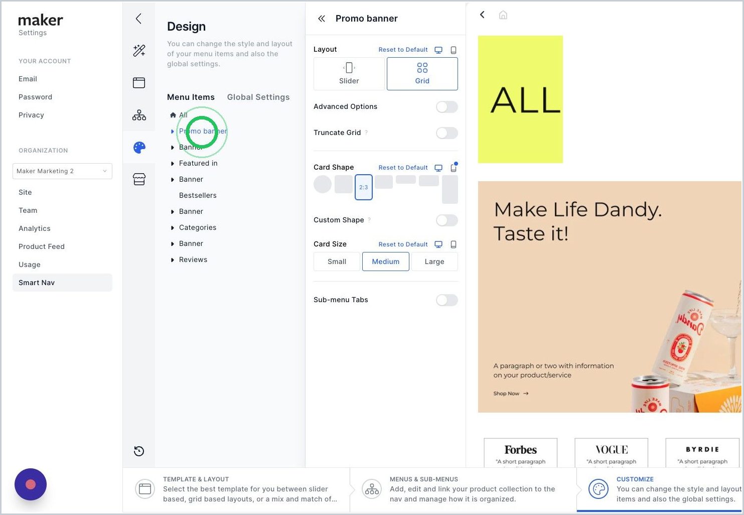 New How do I change the shape & size of the cards for my Menu & Sub-Menu's? — step 3