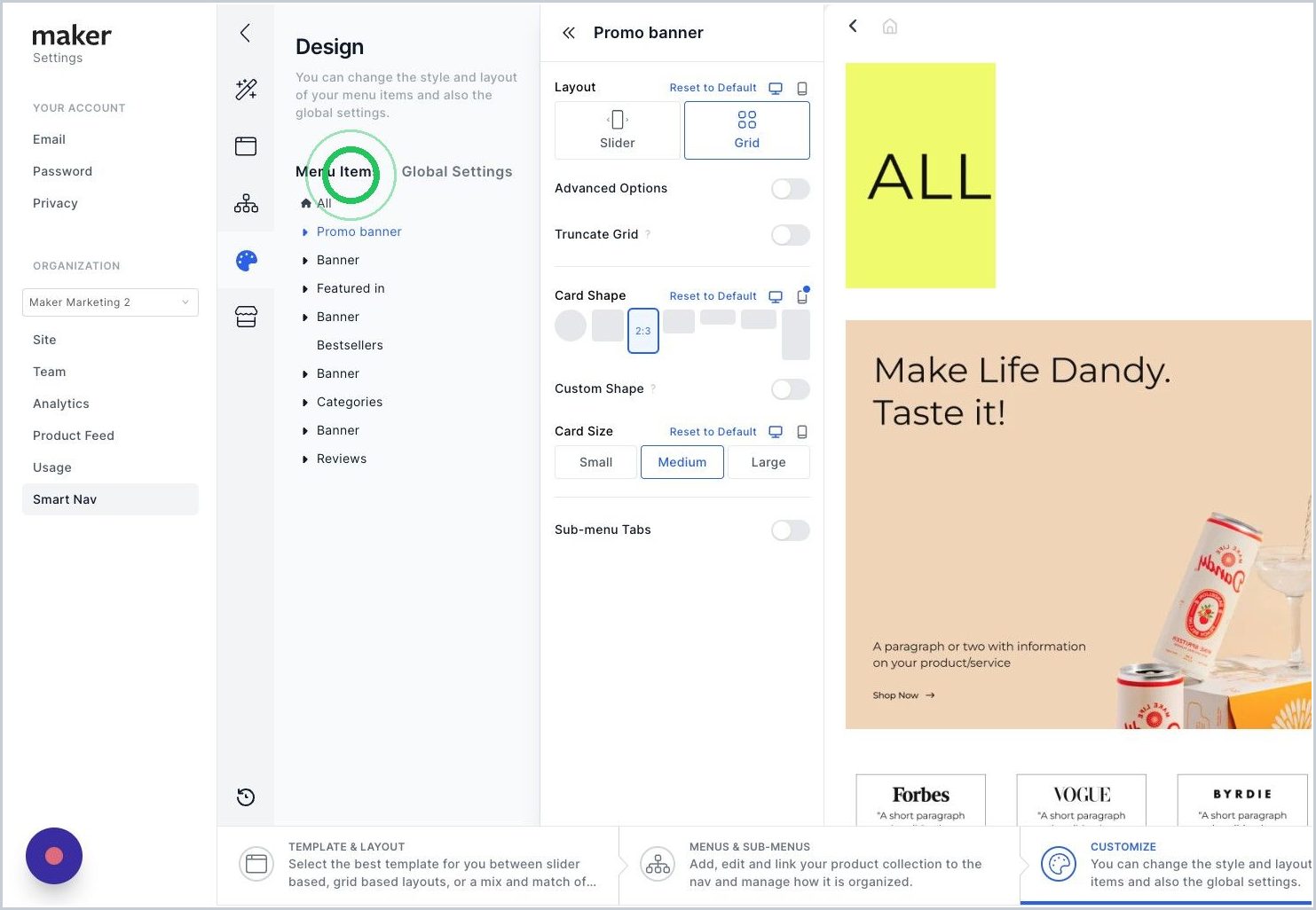 New How do I change the shape & size of the cards for my Menu & Sub-Menu's? — step 2