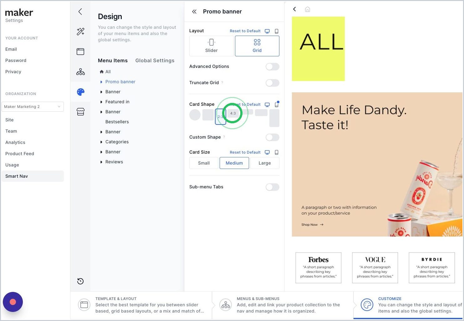 New How do I change the shape & size of the cards for my Menu & Sub-Menu's? — step 5