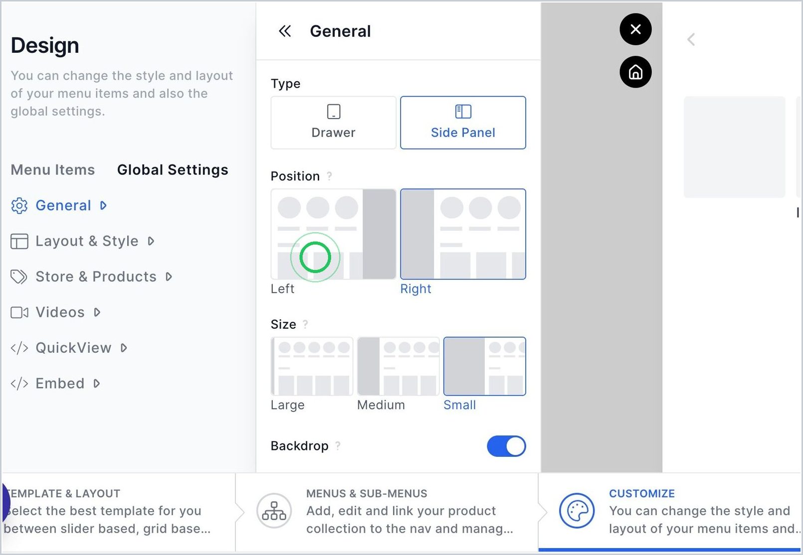 How can I change Panel size and position for my Side Panel Nav? — step 1