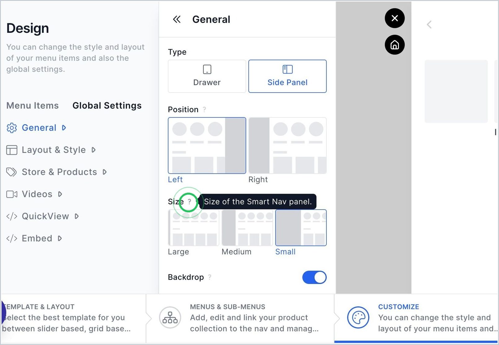 How can I change Panel size and position for my Side Panel Nav? — step 2