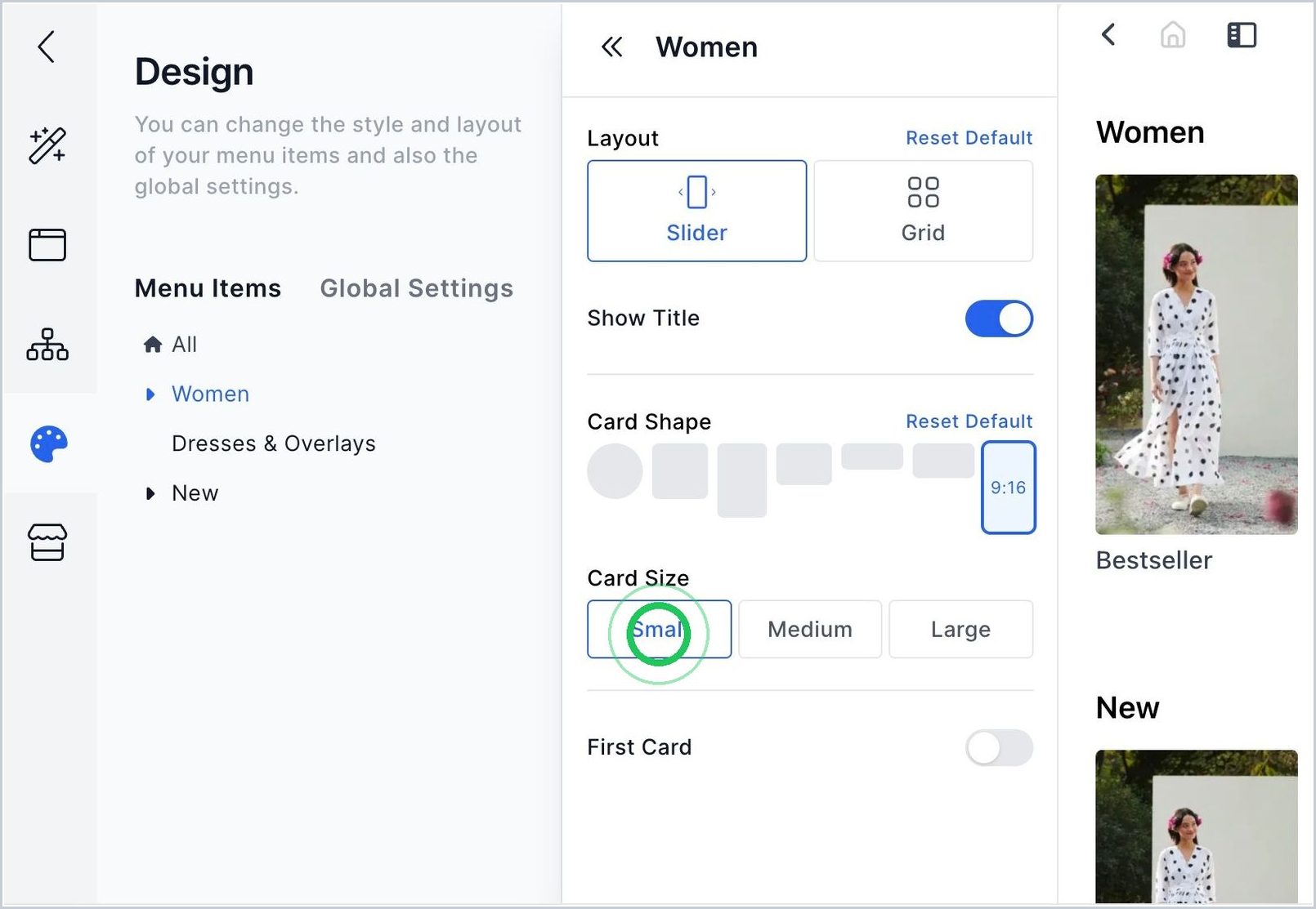How do I change the size of the cards? — step 1