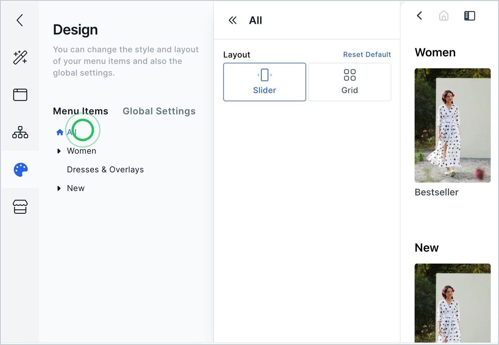 How can I change the layout of my Menu from a grid to a slider or vice versa? — step 1
