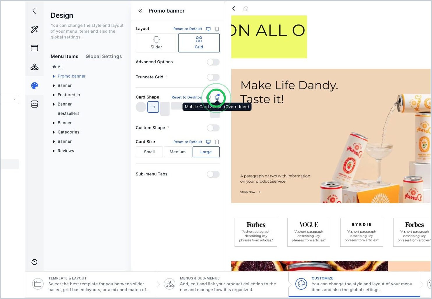 New How do I change the shape & size of the cards for my Menu & Sub-Menu's? — step 7