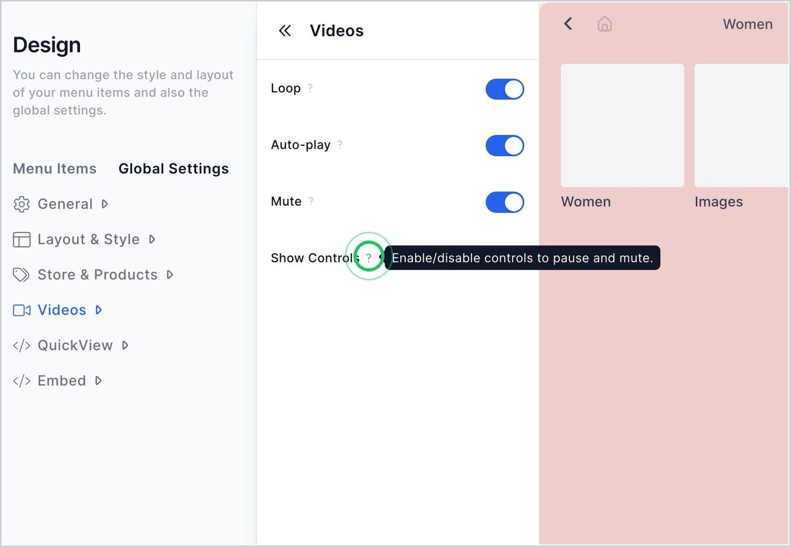 How can I show or hide controls on my videos? — step 1