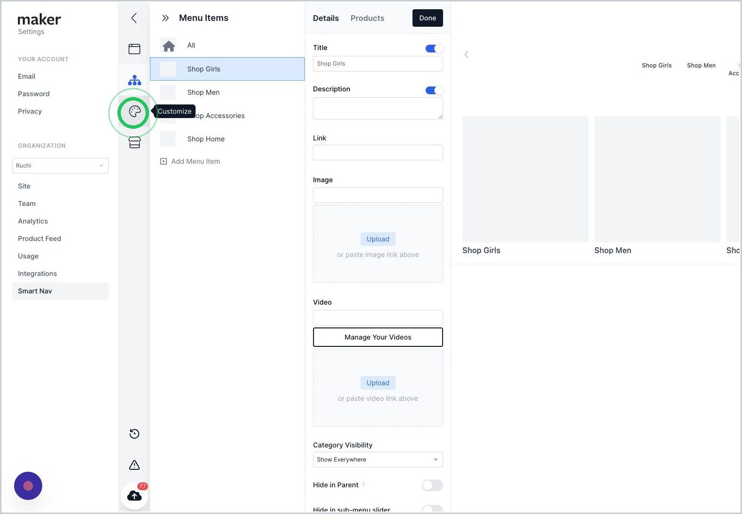 How do I customize the layout of menu items for desktop or mobile? — step 1